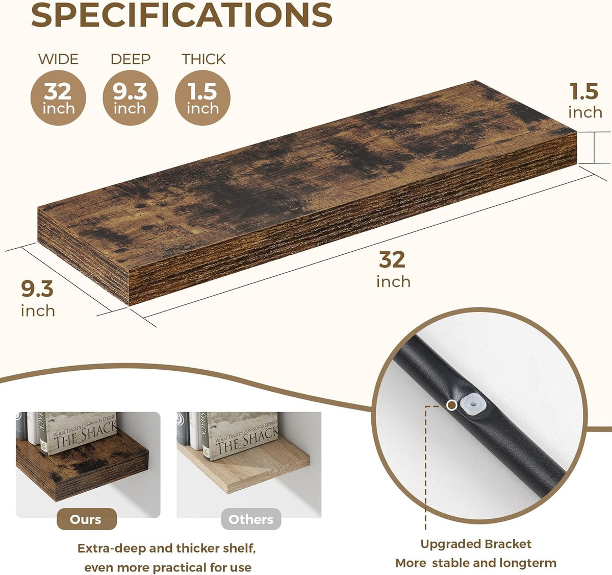 Dreamland 32 Inches Floating Shelves for Wall, 9.3" Deep Long Floating Shelves Set of 2, Large