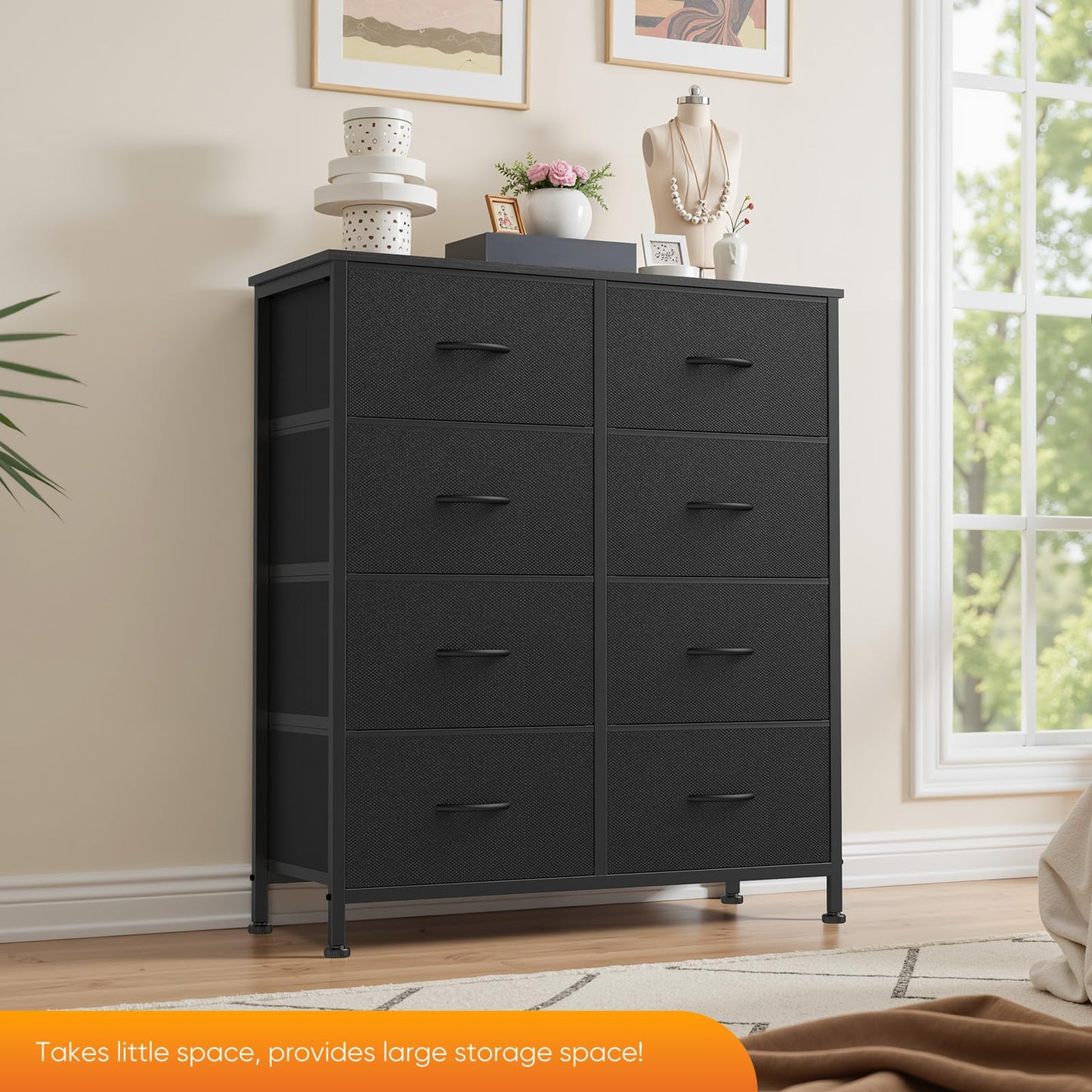 Sweetcrispy 8 Drawer Dresser with Fabric Bins for Bedroom Storage, Black