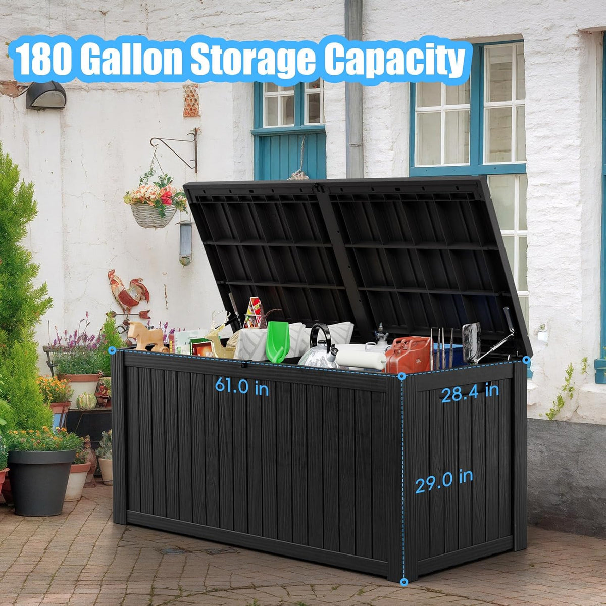 180 Gallon Deck Box,Resin Outdoor Storage Box with Lockable for Patio Furniture, Pool Accessories