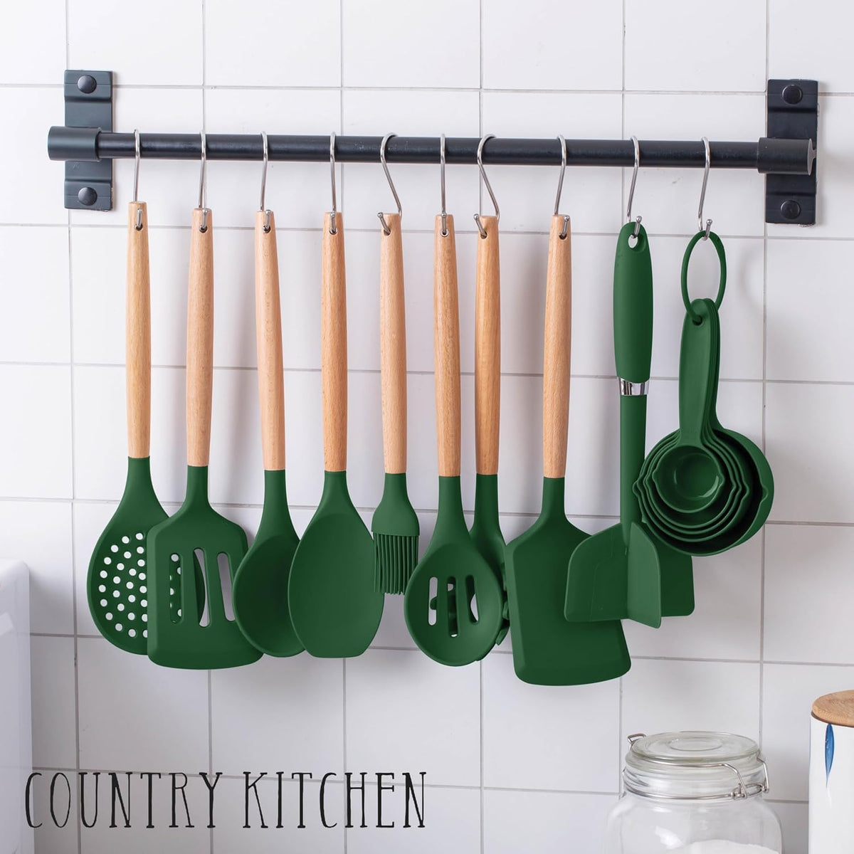 Country Kitchen Non Stick Silicone Utensil Set with Rounded Wood Handles for Cooking and Baking, 38