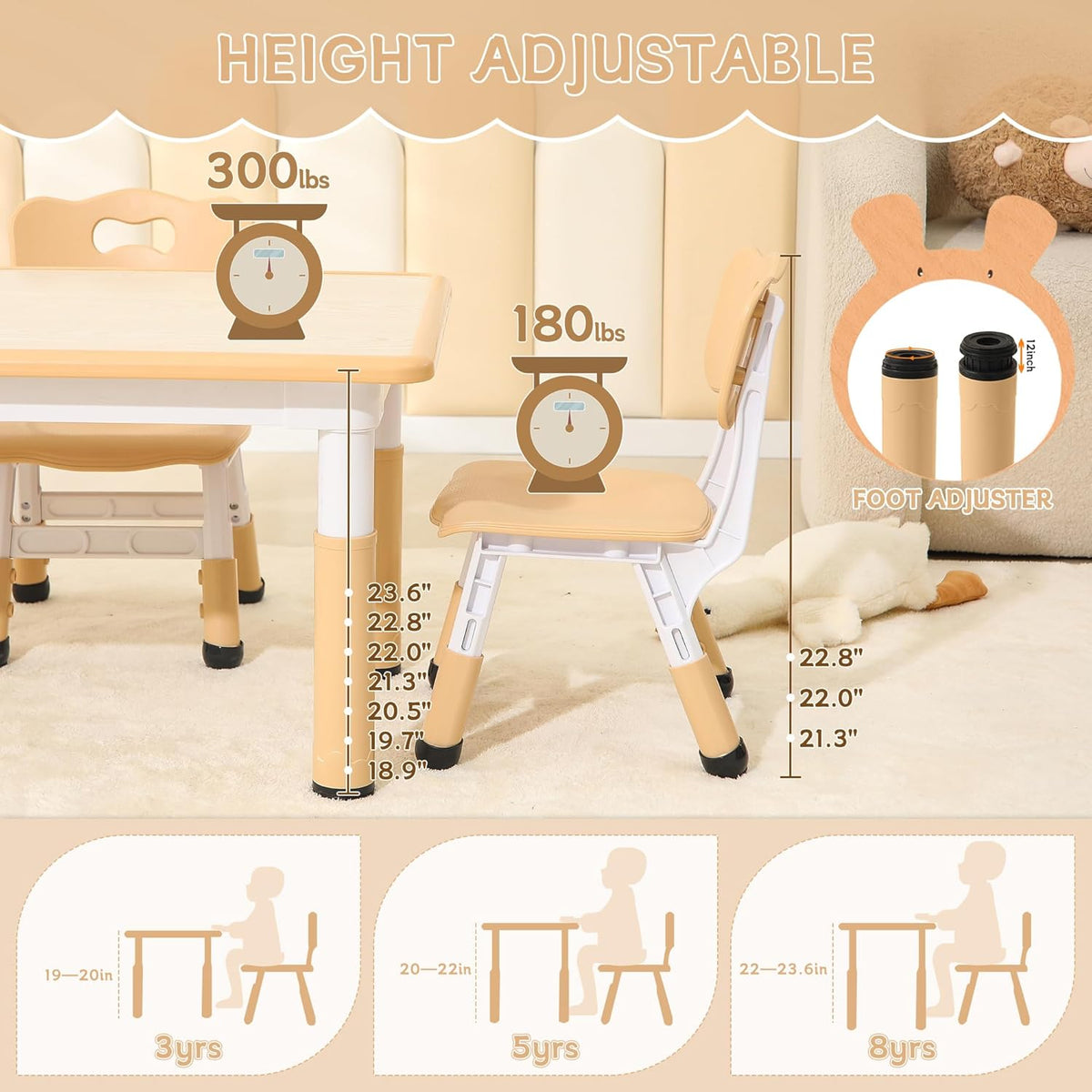 Height-Adjustable Kids Table and Chairs, 31.5''L x 23.6''W Toddler Table and 4 Chairs Set with