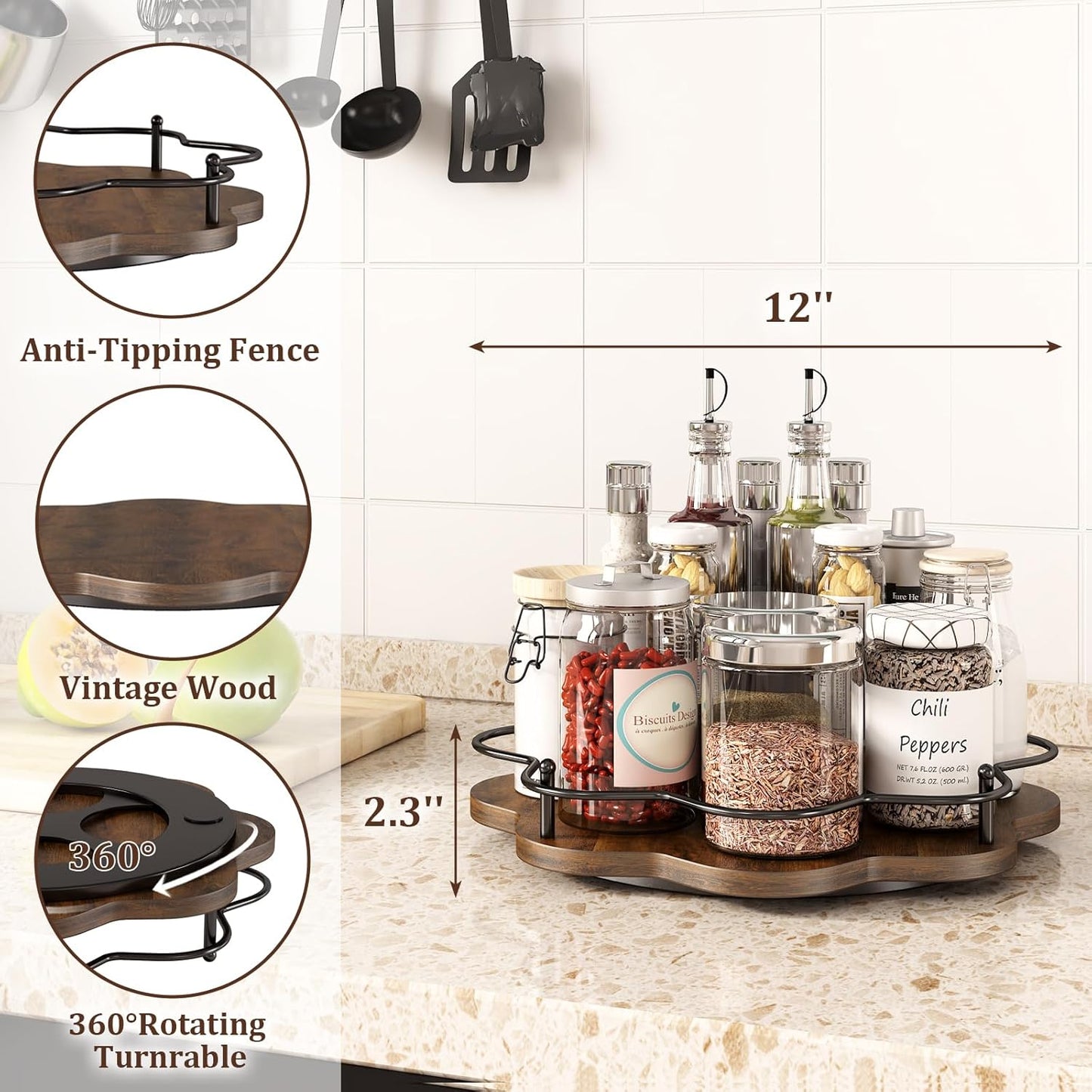 12" Lazy Susan Turntable Organizer,Round Wooden Lazy Susan Organization and Rotating Spice Rack for