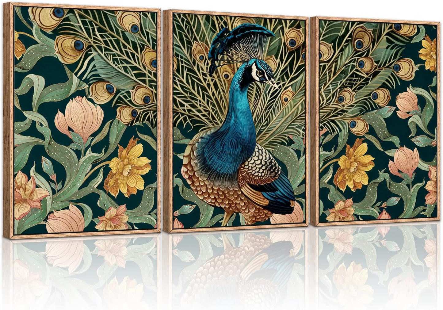 HLNIUC Peacock Framed Canvas Wall Art,Large Peacock Flower Wall Decor Set of 3(16”x24”)Modern