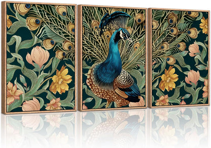 HLNIUC Peacock Framed Canvas Wall Art,Large Peacock Flower Wall Decor Set of 3(16”x24”)Modern