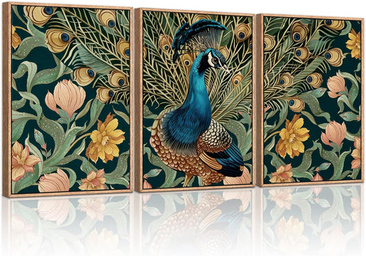 HLNIUC Peacock Framed Canvas Wall Art,Large Peacock Flower Wall Decor Set of 3(16”x24”)Modern