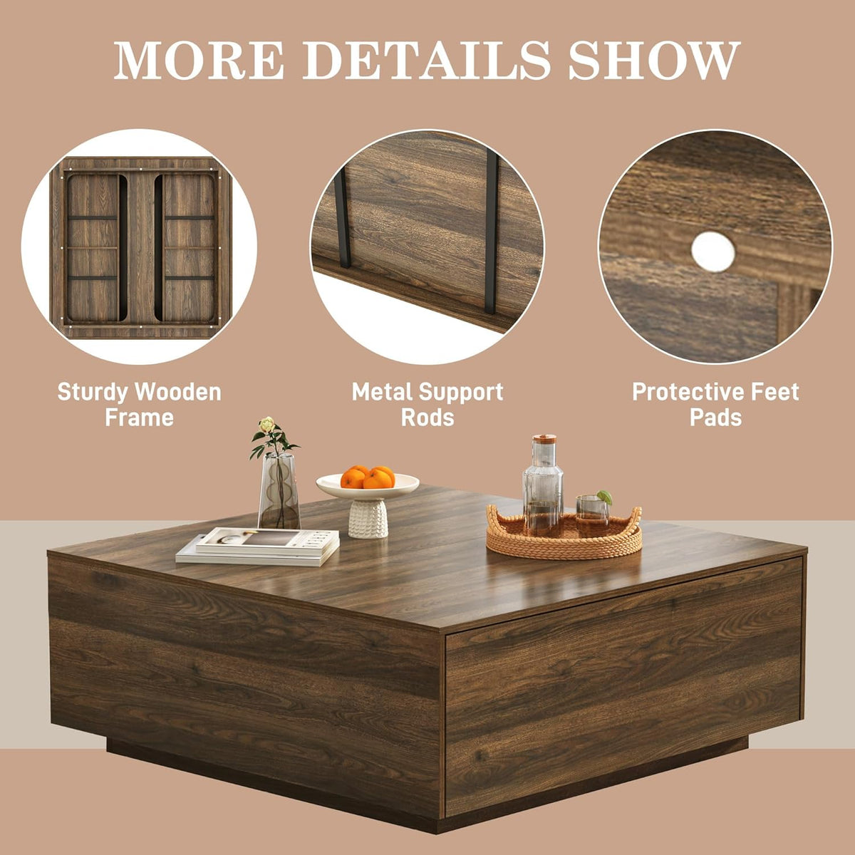43” Square Coffee Table with Storage, Modern Large Square Center Table with 2 Drawers, Wood Coffee