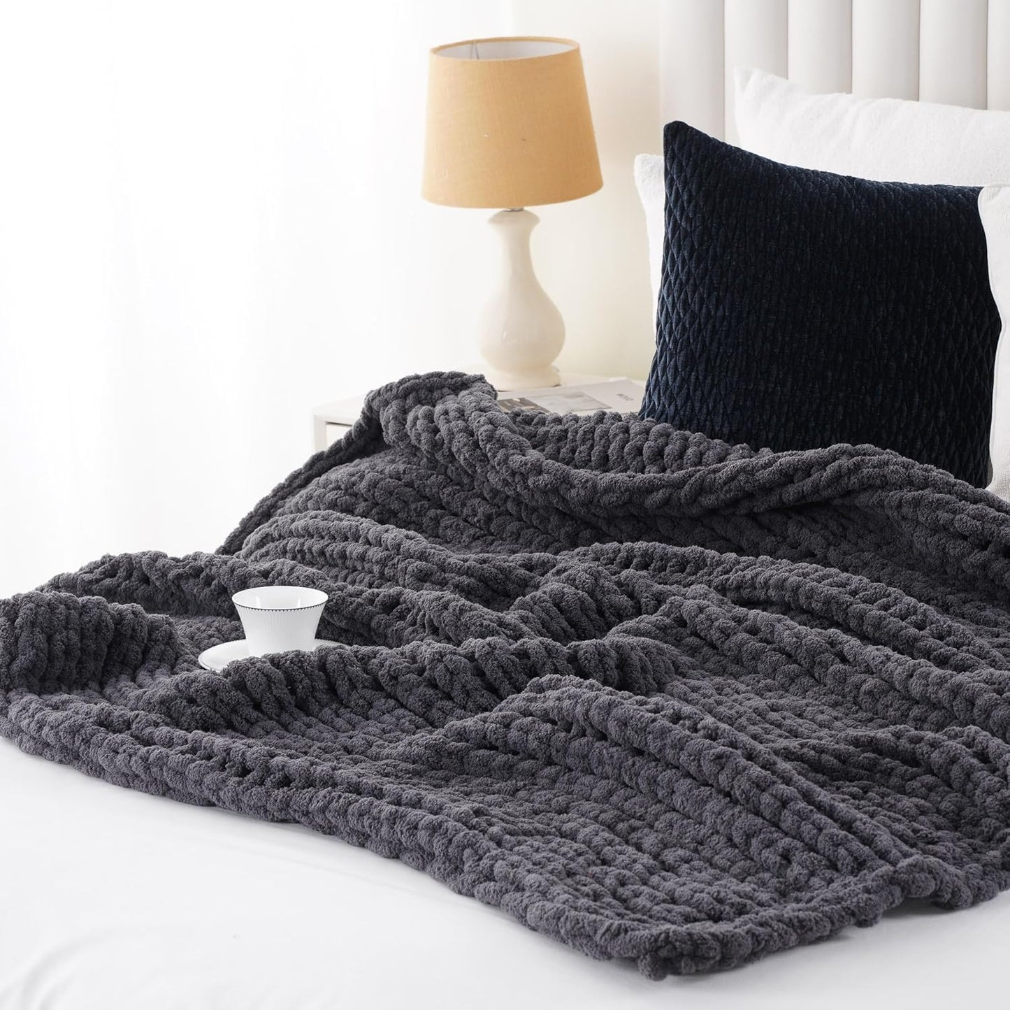Battilo Chunky Knit Throw Blanket, Soft and Thick Chenille Throw Blanket, 50"x60" Handmade Cable