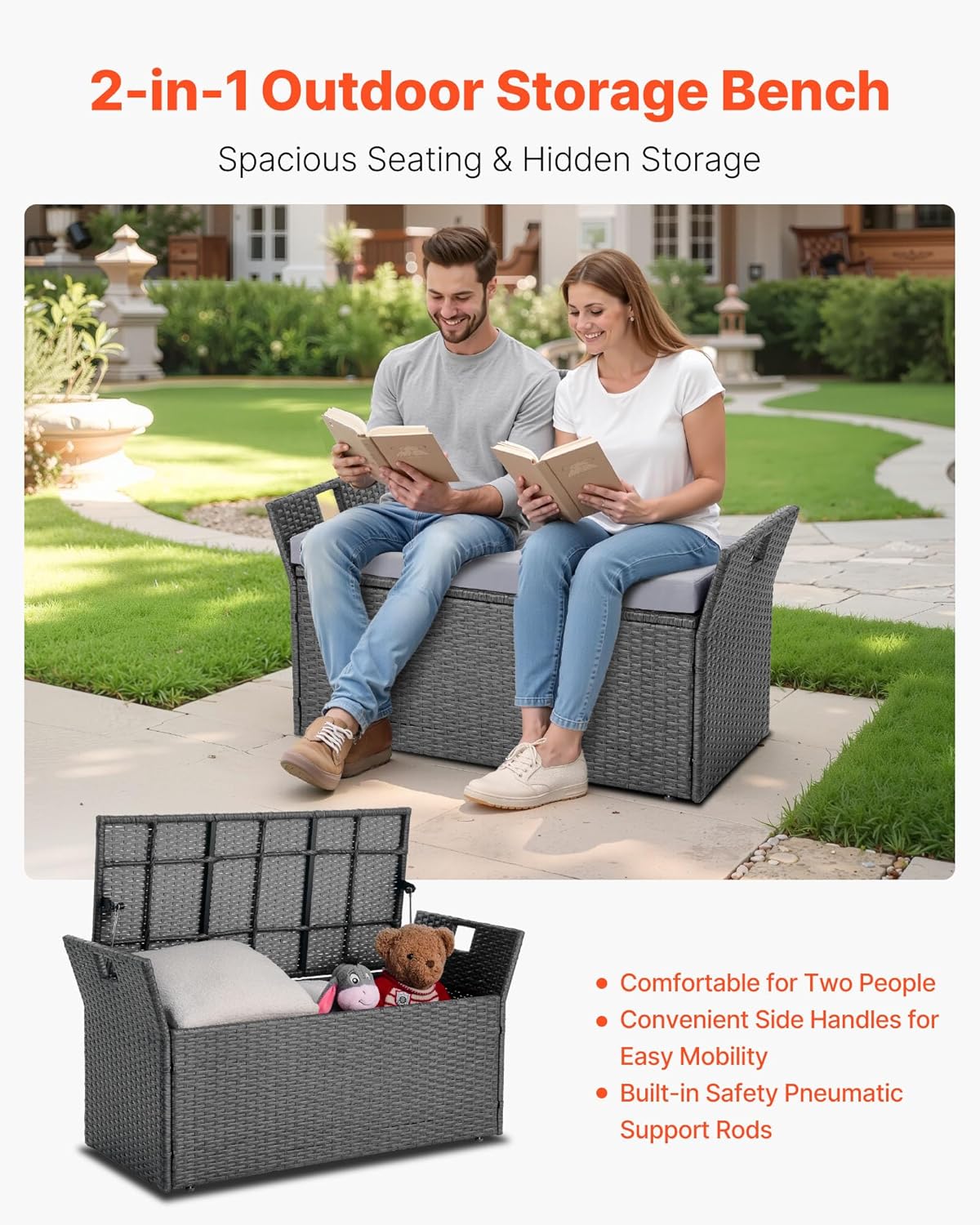 VEVOR Outdoor Storage Bench, 2-Person PE Rattan Storage Bench, 40 Gal Deck Box with Cushion & Side