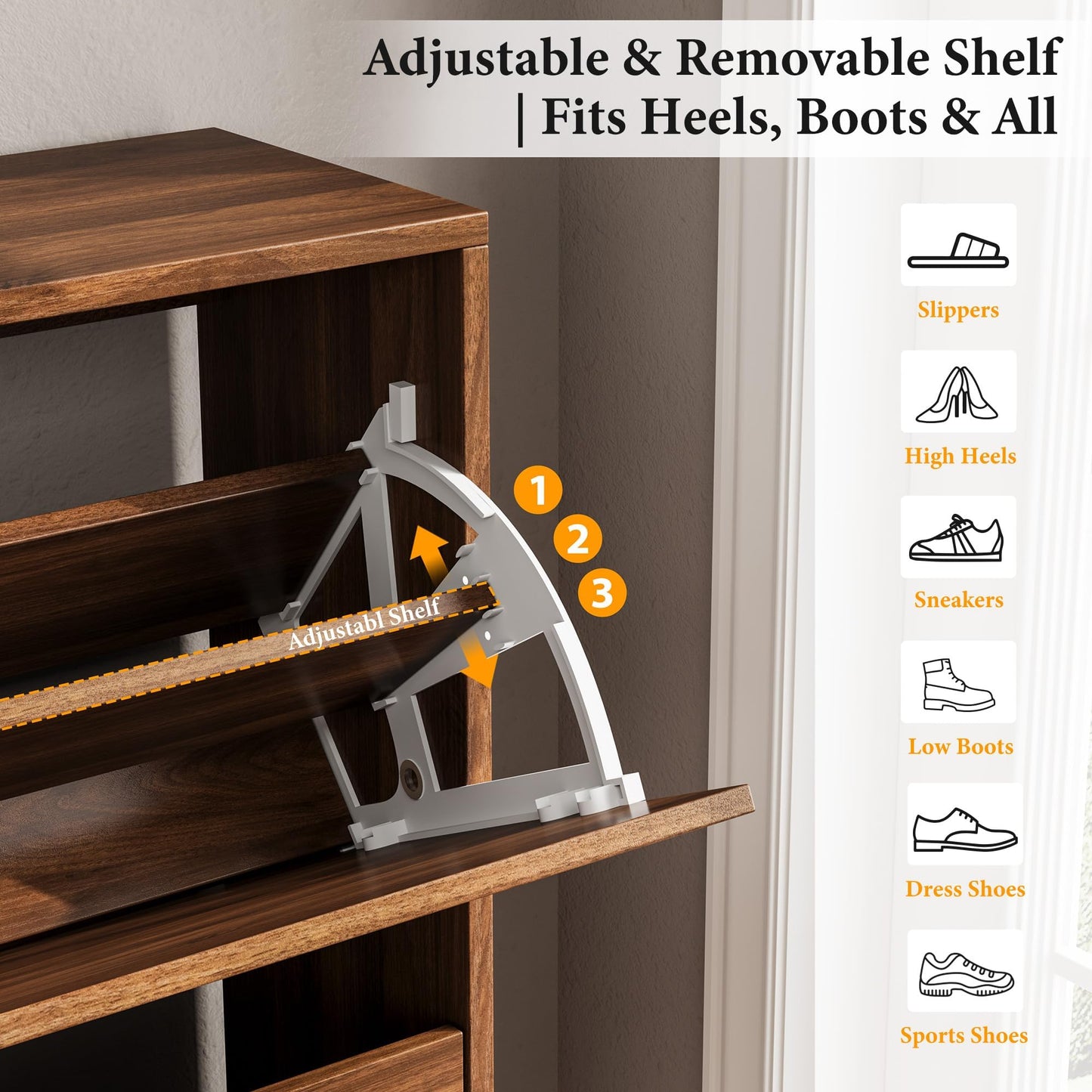 Nicetree Shoe Storage Cabinet for Entryway, 9.5inch Slim Shoe Rack with 2 Flip Drawers, Mid-Century