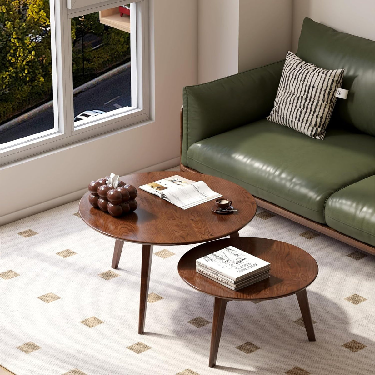 100% Solid Oak Wood Coffee Table Set, Round Coffee Table Combo Side Table w/Solid Wood Legs, Mid