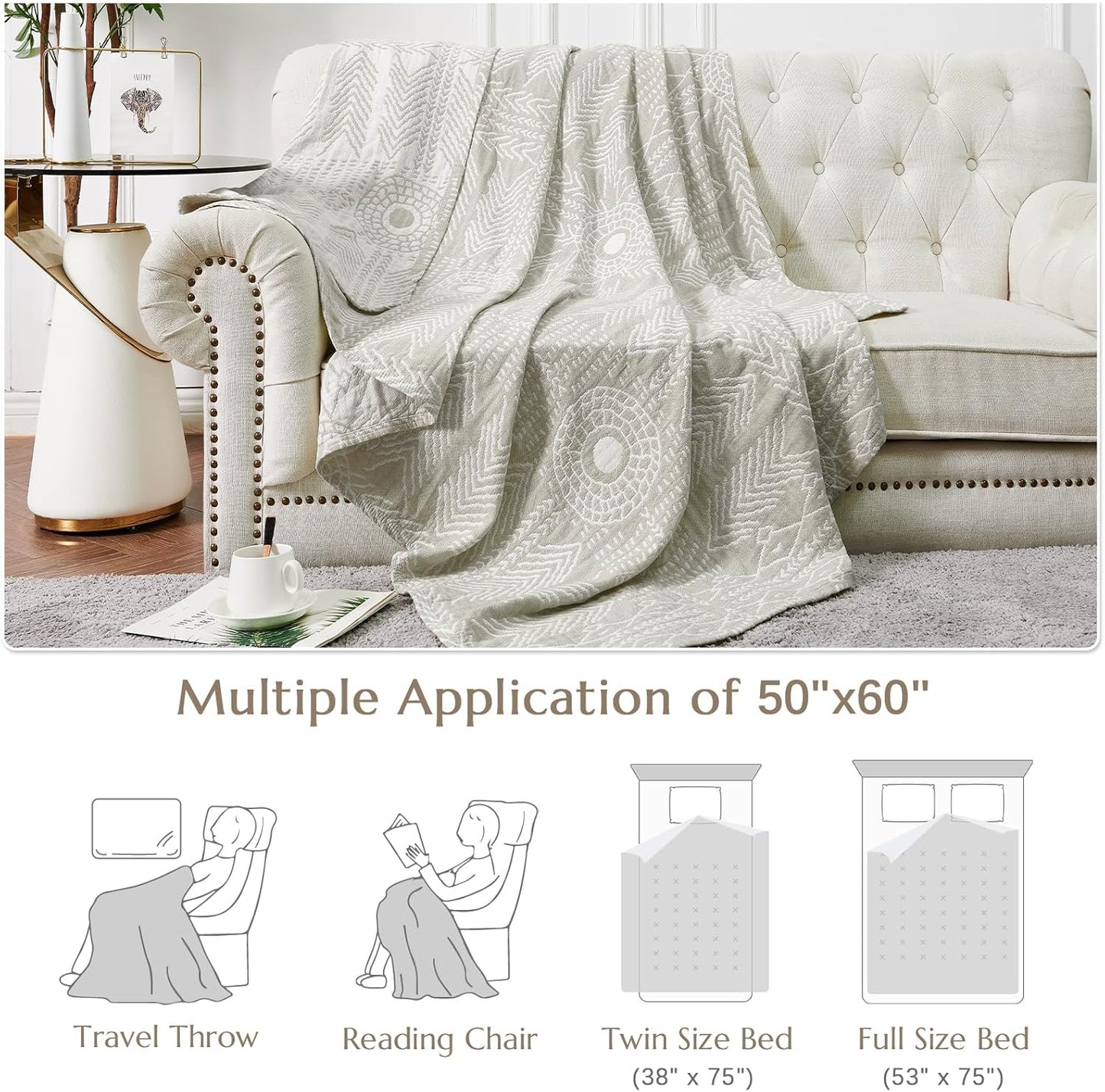 jinchan Boho 100% Cotton Muslin 50x60 Throw Blanket Lightweight 3-Layer Light Grey Blanket Washable