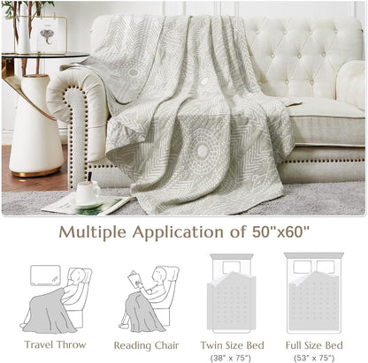 jinchan Boho 100% Cotton Muslin 50x60 Throw Blanket Lightweight 3-Layer Light Grey Blanket Washable