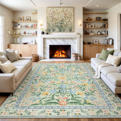 Wonnitar 10x14 Machine Washable Area Rugs, Green Floral Large Rugs for Living Room, Ultra-Thin
