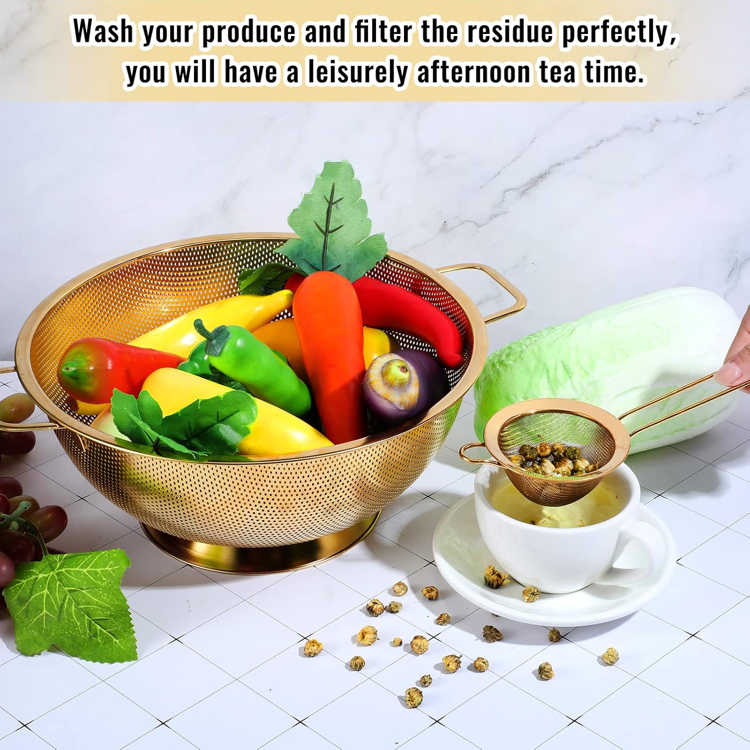 Norme 5 Quart Stainless Steel Gold Colander and 3 Pcs Gold Fine Mesh Strainer, Stainless Steel