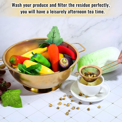 Norme 5 Quart Stainless Steel Gold Colander and 3 Pcs Gold Fine Mesh Strainer, Stainless Steel