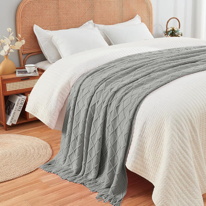 inhand Knitted Throw Blankets for Couch and Bed, Soft Cozy Knit Blanket with Tassel, Light Grey