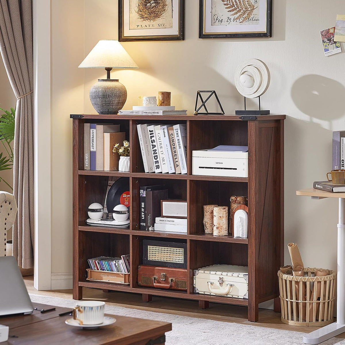 9 Cube Bookcase, Farmhouse 47 Inch Wide Brown Walnut Bookshelf, Wooden 3 Tier Display Large Open