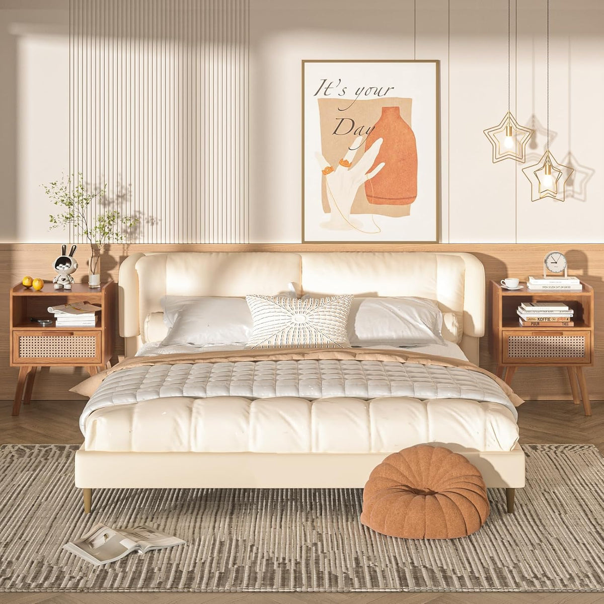 Lerliuo Rattan Nightstands Set of 2, Side Table with Drawer, Cane Accent Bedside End Table with