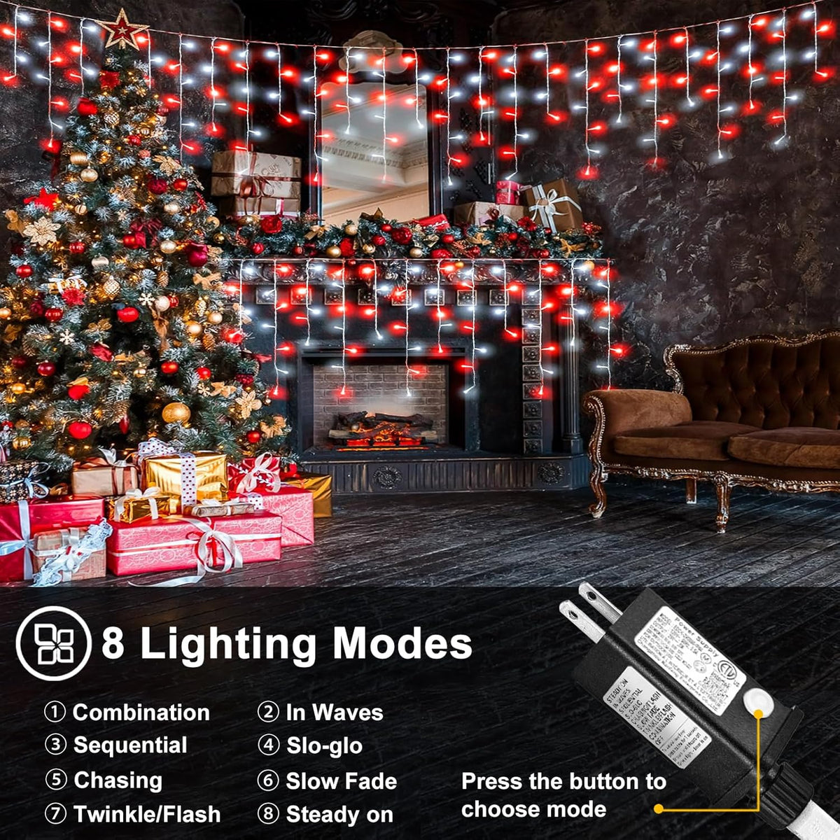33ft Red and White Christmas Lights, 400 LED Icicle Lights for Outside, Clear Wire Connectable