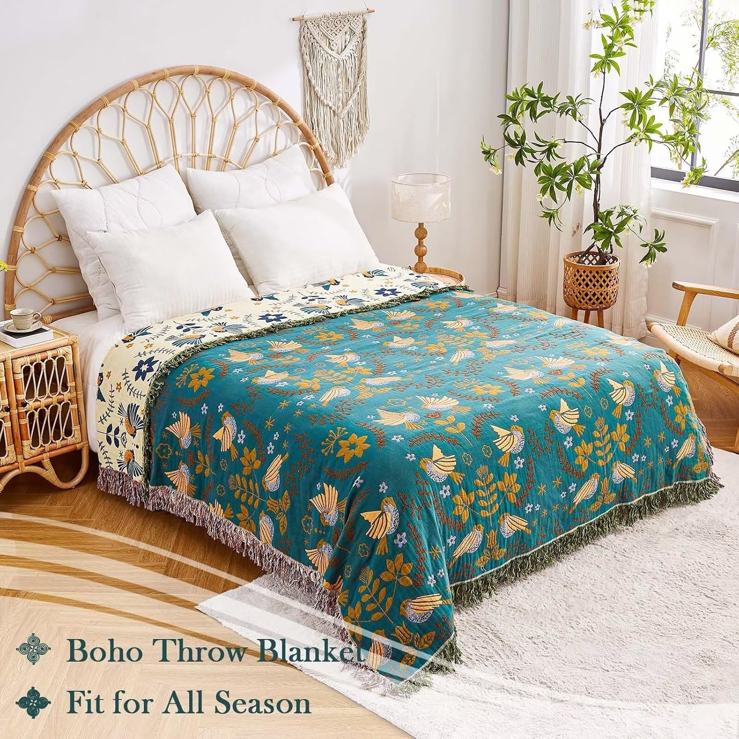 Boho Throw Blanket, 100% Cotton Ultra Soft Luxury Throw Rustic Quilt, 60"x80" Floral Printed