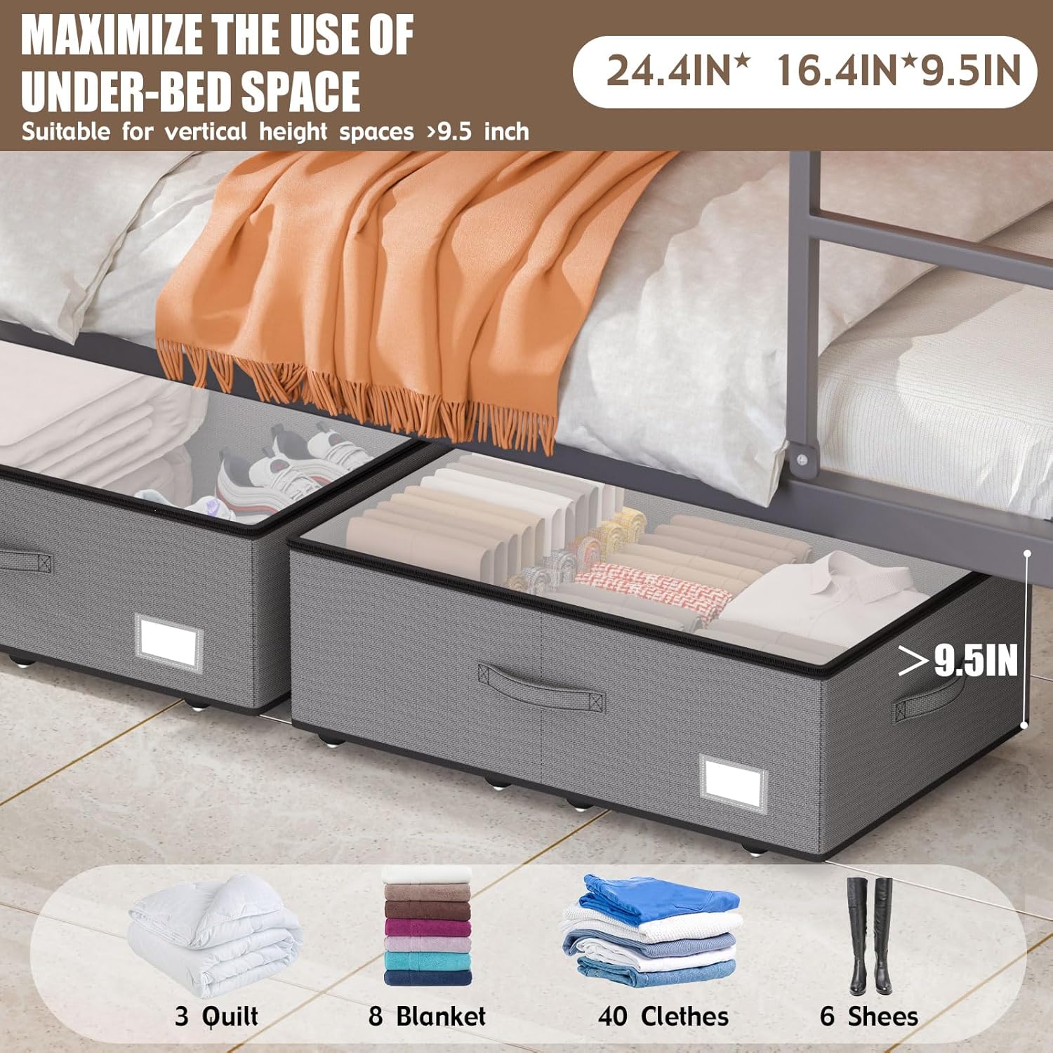 Under Bed Storage with Wheels, No Assemble Required 10 inches height Under Bed Storage bins,Large