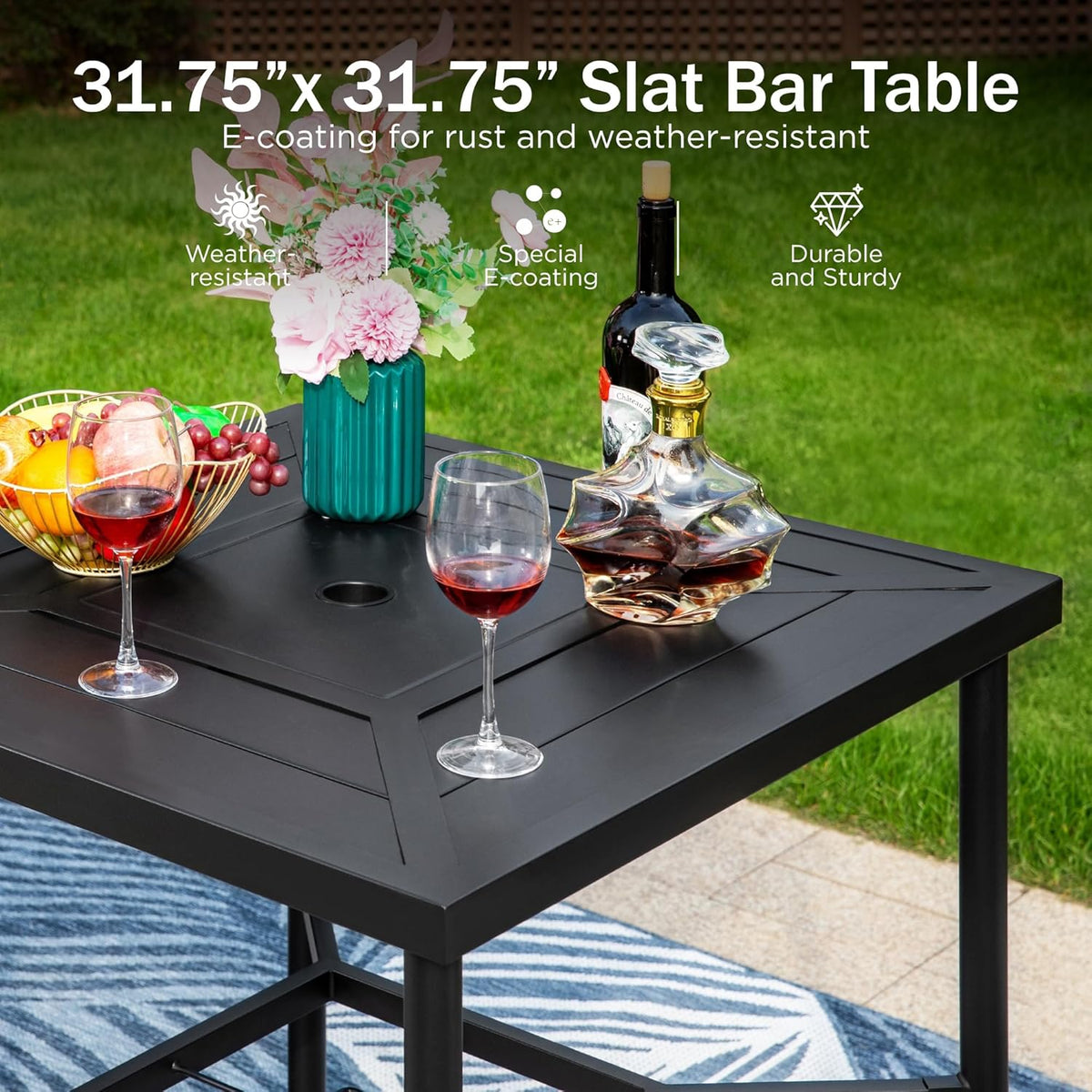 PHI VILLA 3 PCS Patio Bar Set, Bar Height Chair with 3.5" Thicker Cushion & Retro-Metal Square