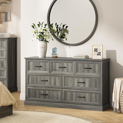 Farmhouse 7 Drawer Dresser for Bedroom, 55 Inch Wide Modern Grey Dresser TV Stand with Large