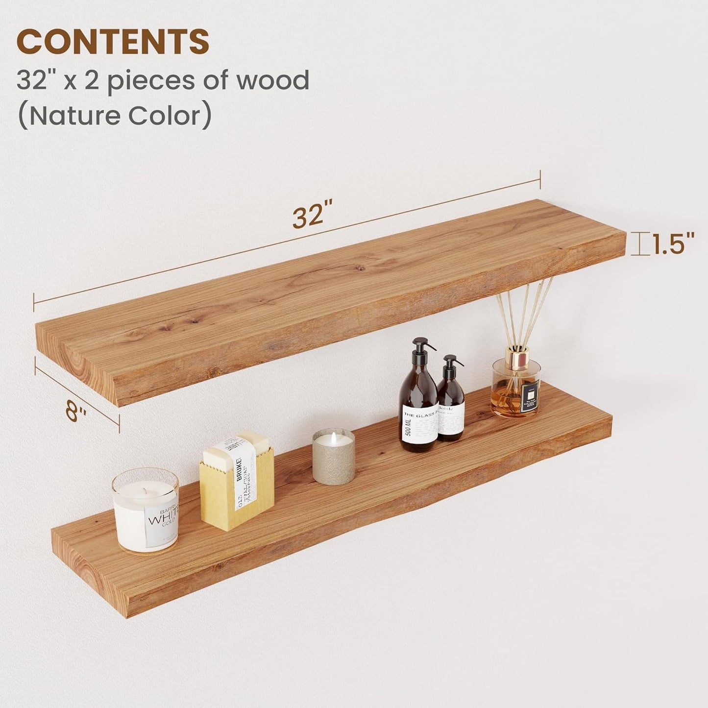 Floating Shelves for Wall Decor, Rustic Solid Elm Wood Live Edge Floating Shelves Wall Mounted