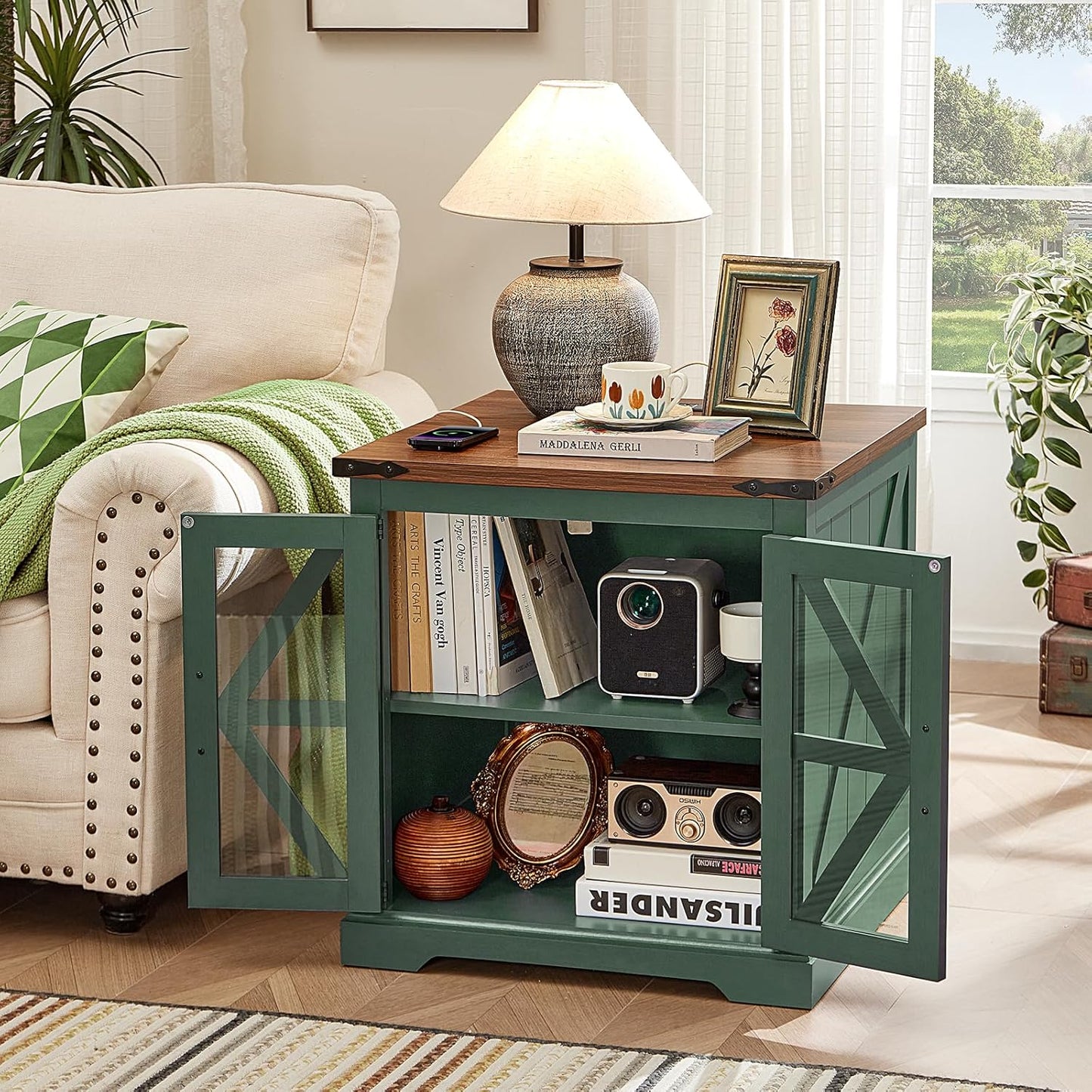 24" End Table with Charging Station, Farmhouse Night Stand with Glass Barn Door, Green Nightstands