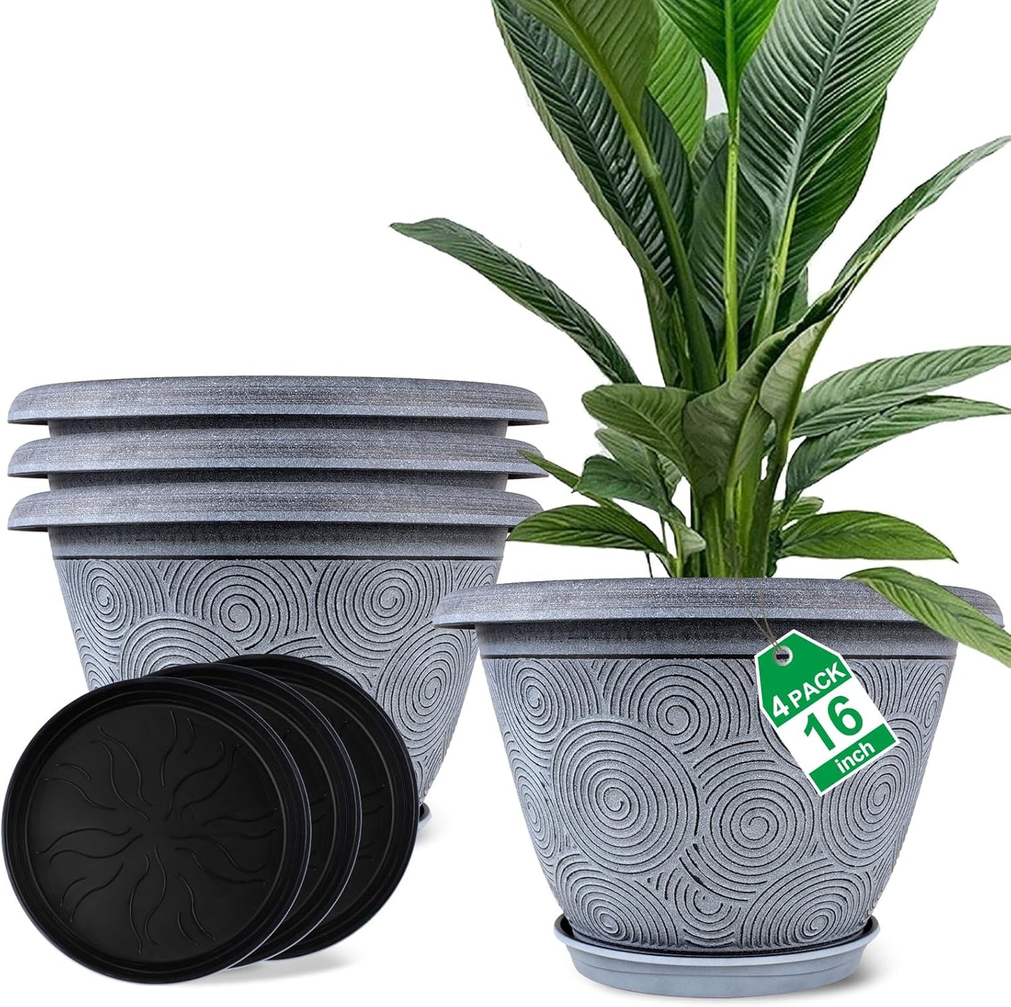 16 Inch Large Planter Pot for Plants Indoor Outdoor, 4 Pack Plastic Flower Pots with Drainage Hole