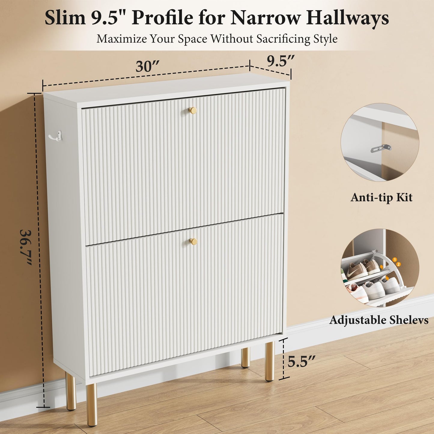 Nicetree Shoe Storage Cabinet for Entryway - 2 Flip Drawers Shoe Cabinet with Tiered Fluted Design