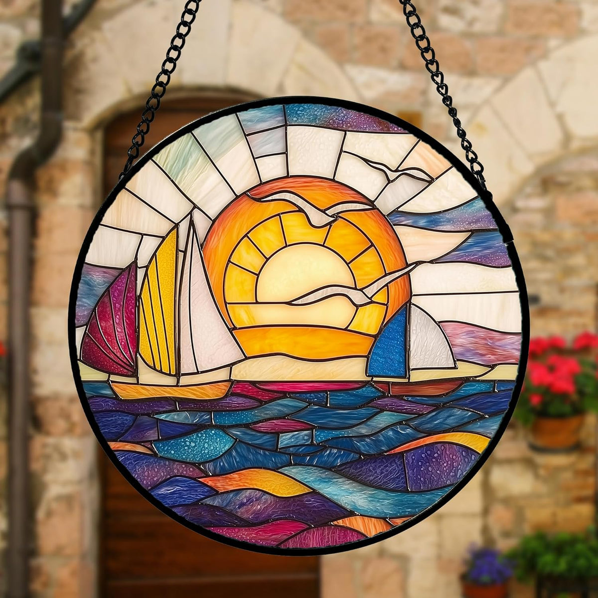 Stained Glass Window Hanging, Sailboat and Waves Suncatcher Diamond Glass Panel Hangings Sun