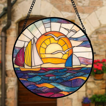 Stained Glass Window Hanging, Sailboat and Waves Suncatcher Diamond Glass Panel Hangings Sun