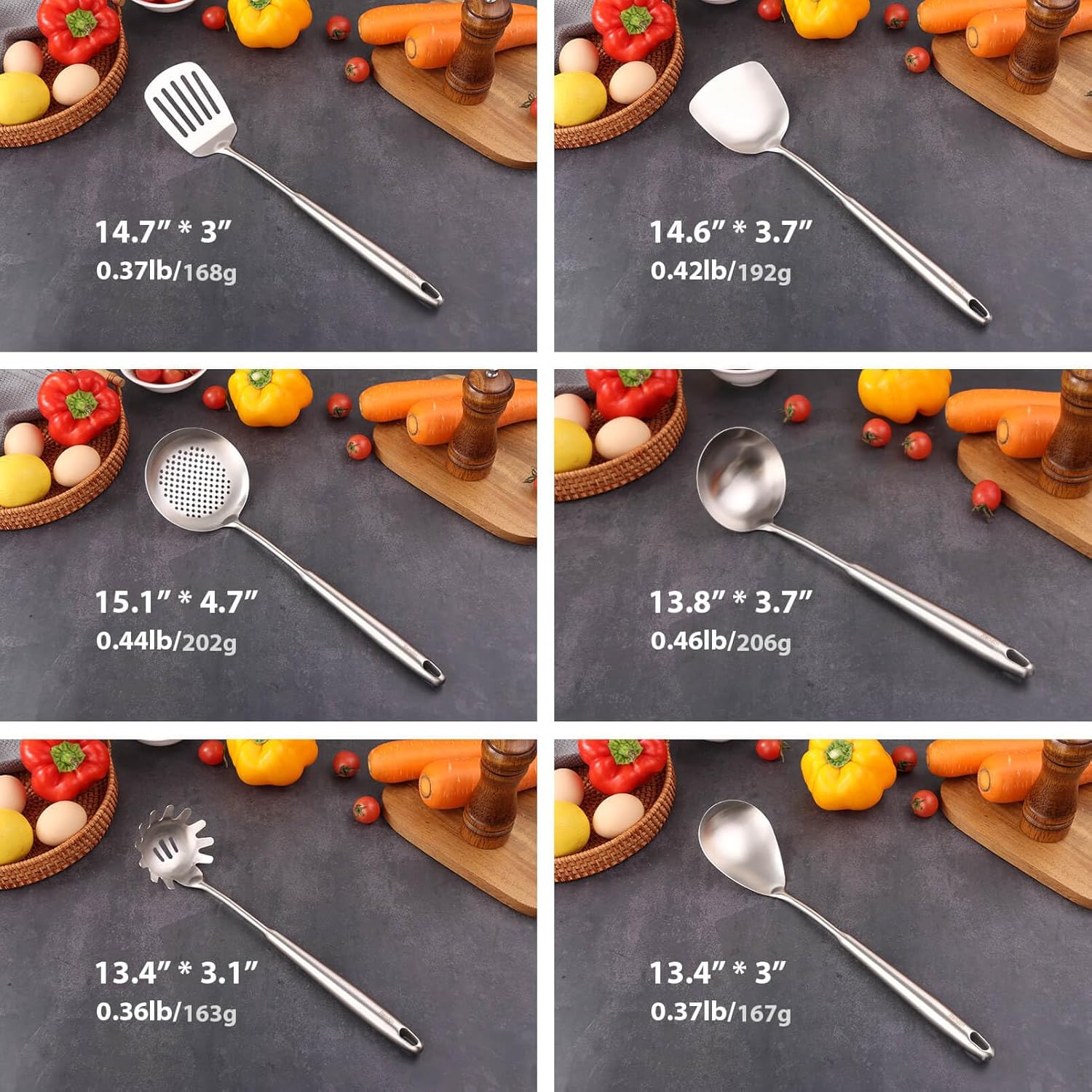18/10 Stainless Steel Kitchen Utensils Set - 12 PCS All Metal Cooking Tools & 15″ Serving Utensils