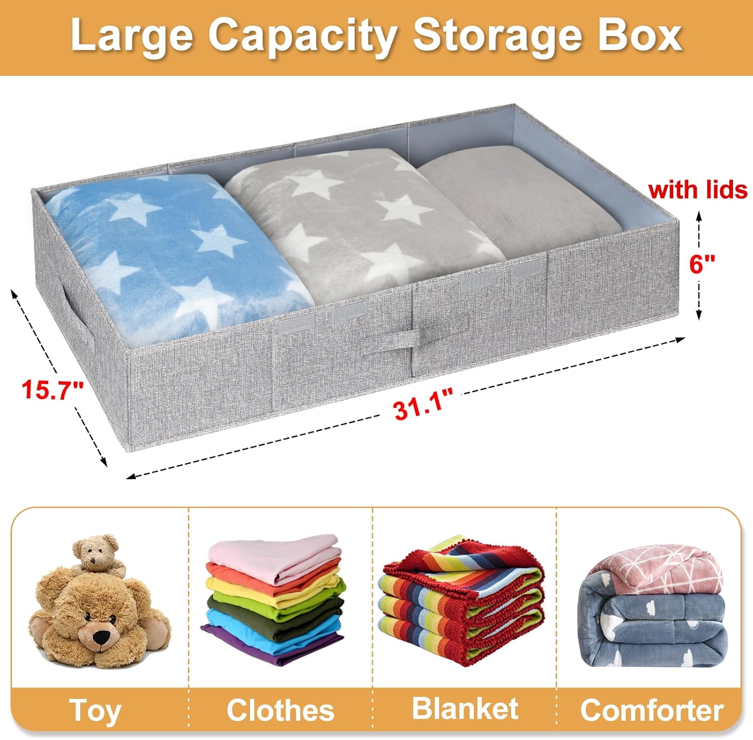 punemi Under Bed Storage Containers, 3 Pcs Large Blanket Clothes Storage Bag, Long Flat Firm Sides