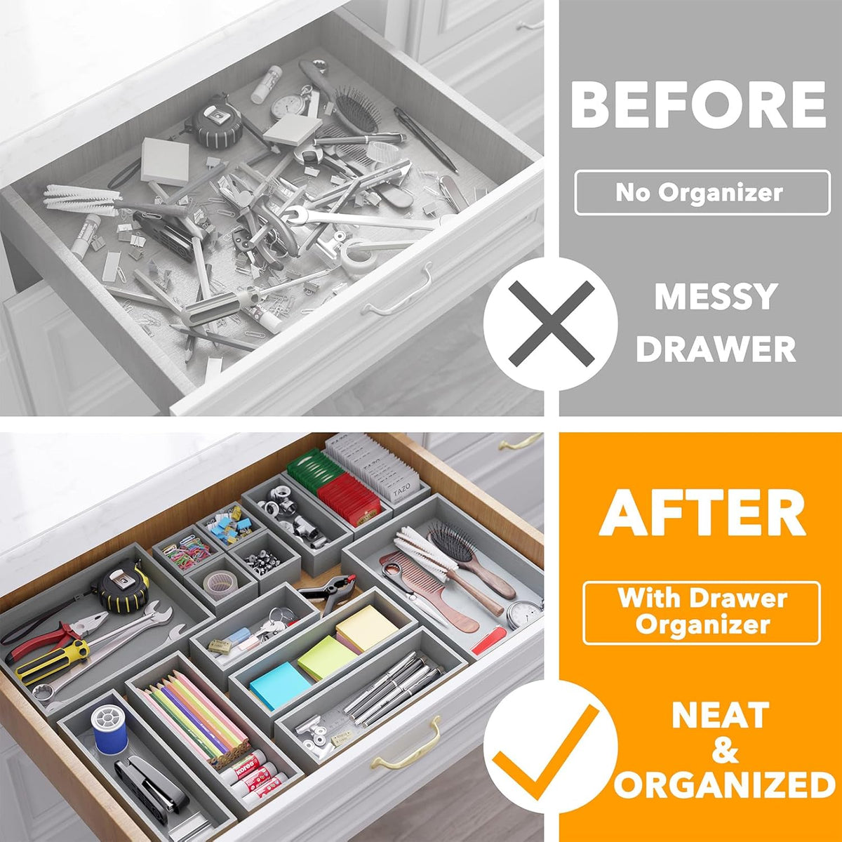 SpaceAid 14-Piece Bamboo Drawer Organizer Storage Boxes Set, Wood Tray Junk Drawer Organizers