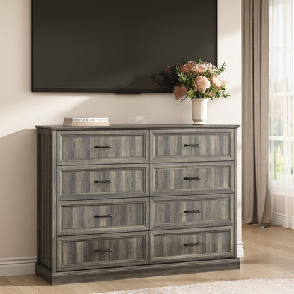 CARPETNAL Farmhouse 8 Drawer Dresser for Bedroom, 55 Inch Wide Modern Grey Dresser TV Stand with