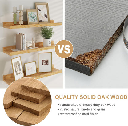 Floating Picture Ledge Shelves 48 Inch Solid Oak Wood Set of 2, Rustic Wall Storage Shelves with