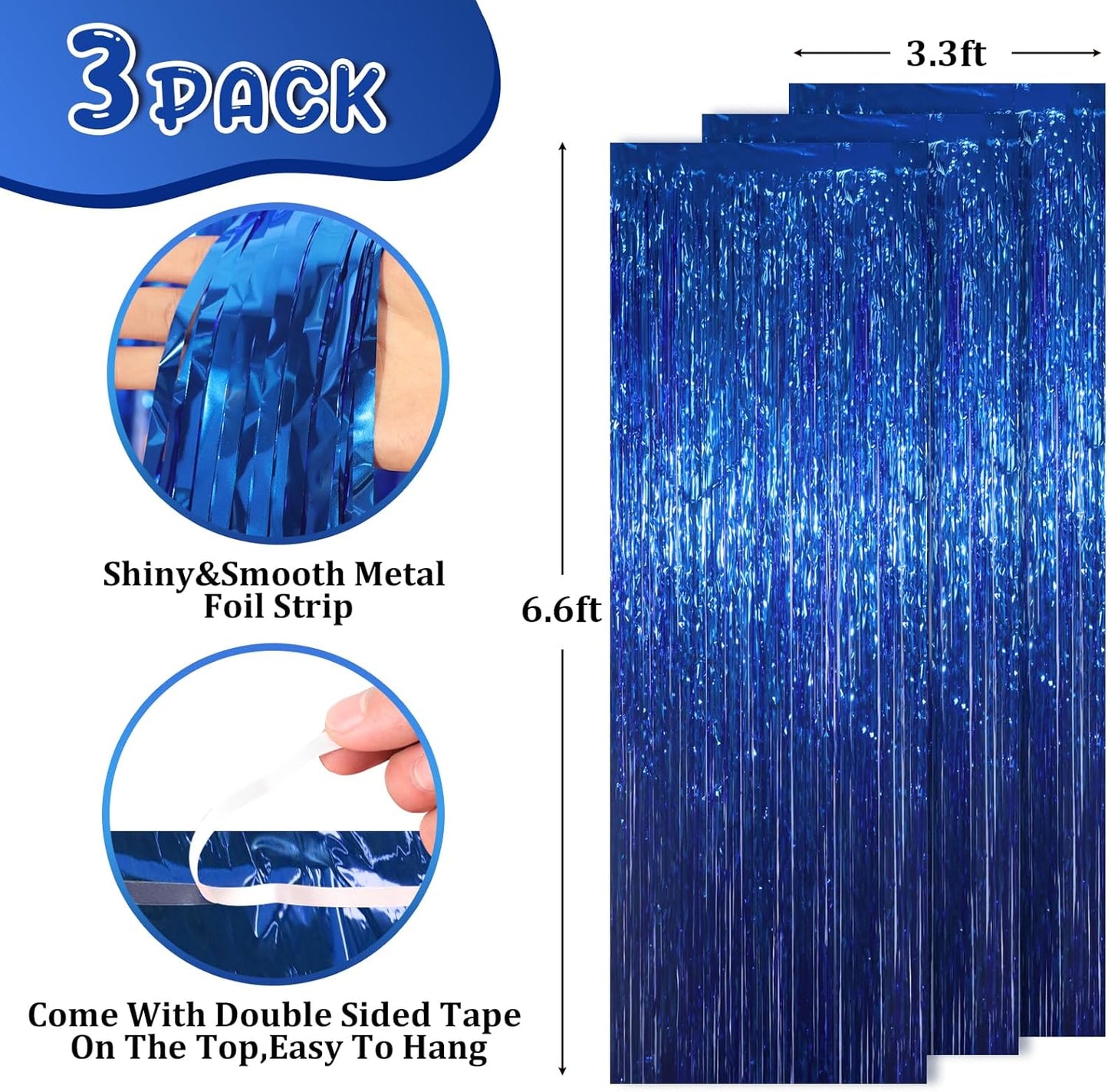 3 Pack 3.3x8.2 Feet Blue Foil Fringe Backdrop Curtains, Tinsel Streamers Birthday Party