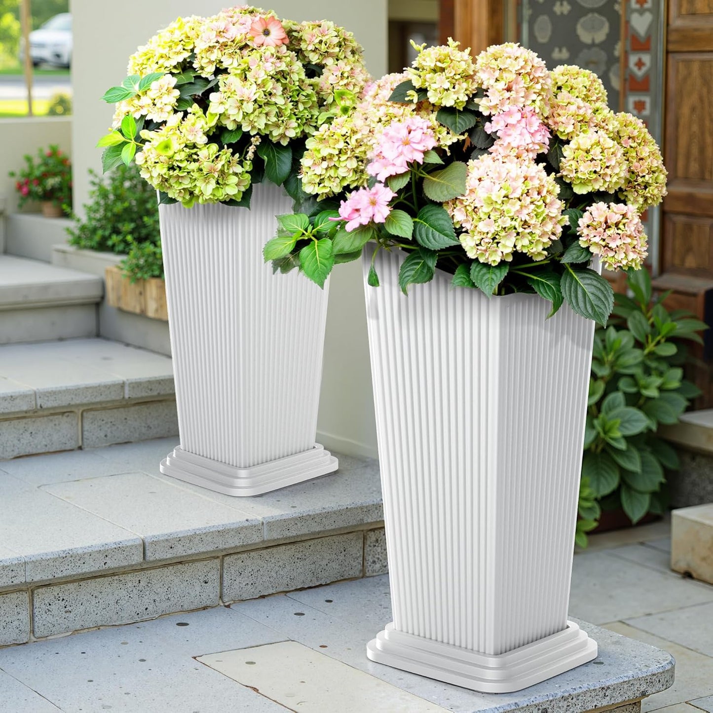 FENCY Set of 2 Tall Planters for Outdoor Plants, 24 Inch Large Tapered Pots with Drainage Trays