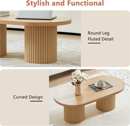 Oval Fluted Coffee Table, Farmhouse Wood Coffee Table Mid Century Modern Center Table Boho Living
