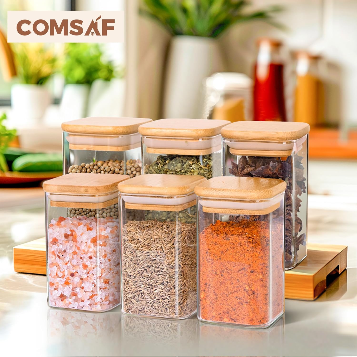 ComSaf 6Pcs 8oz Spice Jars with Label Trial Set, Glass Spice Jars with Bamboo Lids Supplementary