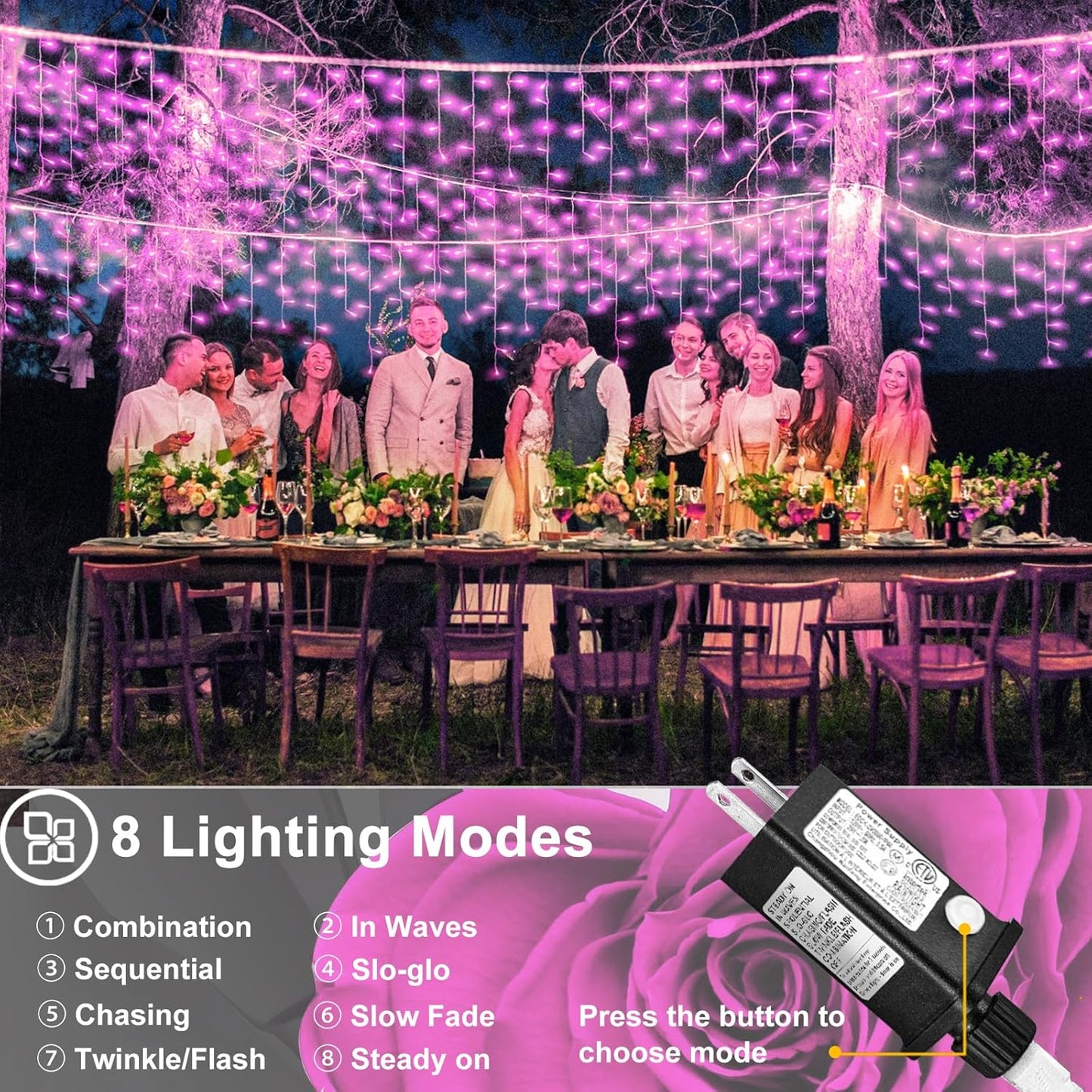 66ft Pink LED Icicle String Lights Indoor for Bedroom, 640 LED Patio Lights for Outside Clear Wire