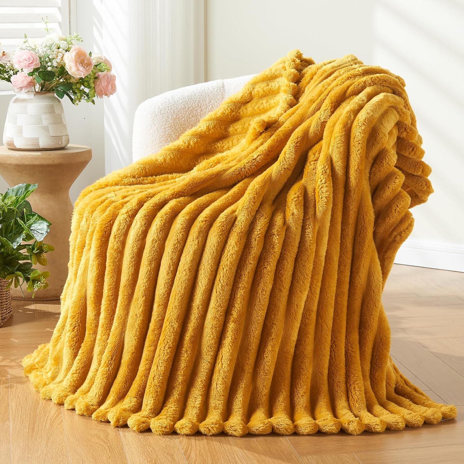 NEWCOSPLAY Super Soft Throw Blanket Mustard Yellow Premium Silky Flannel Fleece 3D Ribbed Jacquard