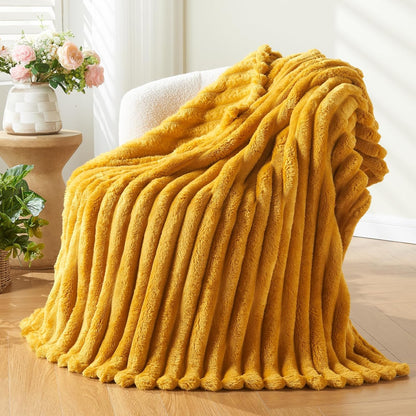 NEWCOSPLAY Super Soft Throw Blanket Mustard Yellow Premium Silky Flannel Fleece 3D Ribbed Jacquard