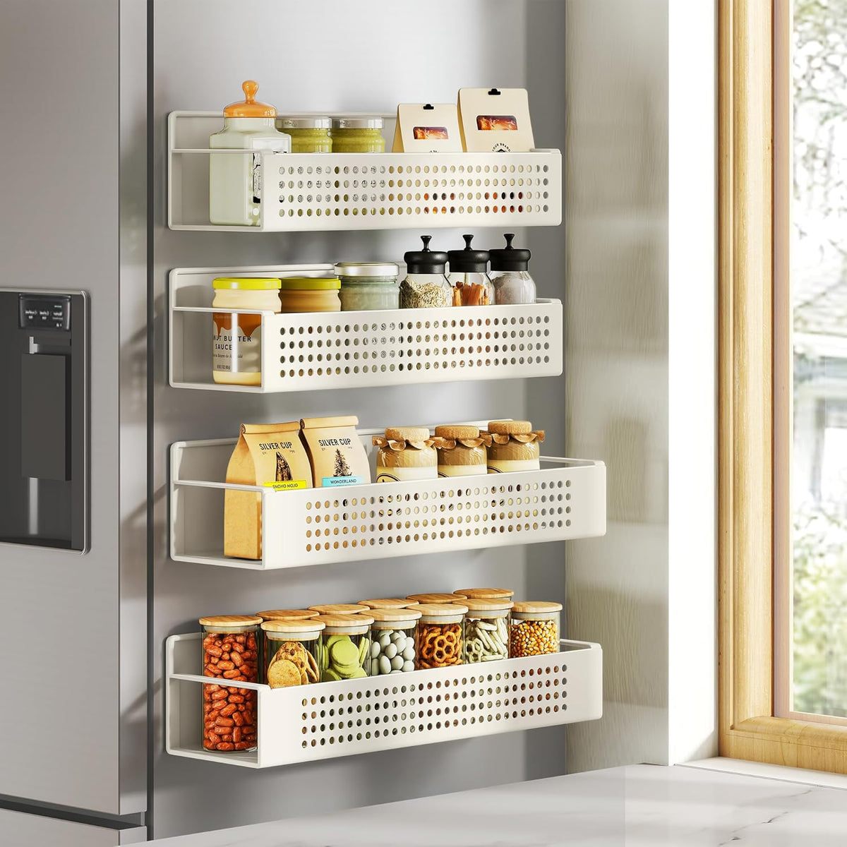 SONGMICS Magnetic Spice Rack for Refrigerator, Set of 4, 2 Large and 2 Small Kichen Magnetic