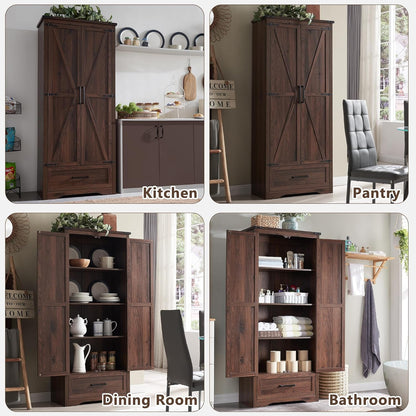 72" Tall Wood Storage Cabinet, Farmhouse Kitchen Pantry Cabinet with Adjustable Shelves & Drawer &