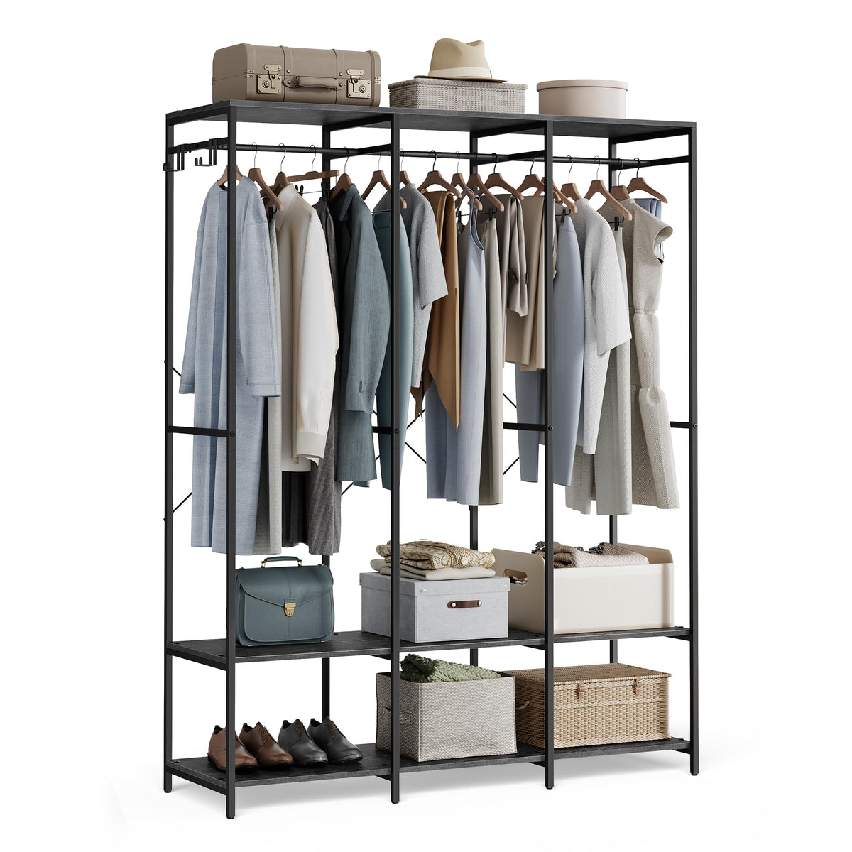 SONGMICS Clothes Rack, Iron and Wood Wardrobe Closet Organizer