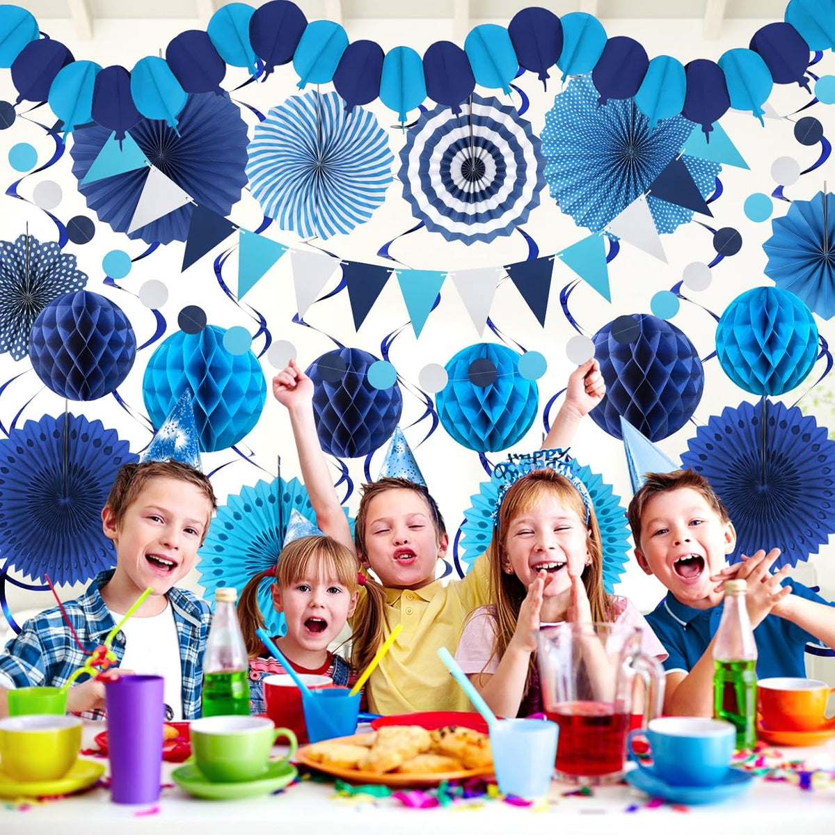 Blue Party Decorations, Easy Assembly Paper Fan Honeycomb Ball Garland Hanging Swirl Navy Blue