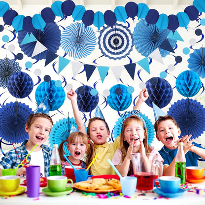 Blue Party Decorations, Easy Assembly Paper Fan Honeycomb Ball Garland Hanging Swirl Navy Blue